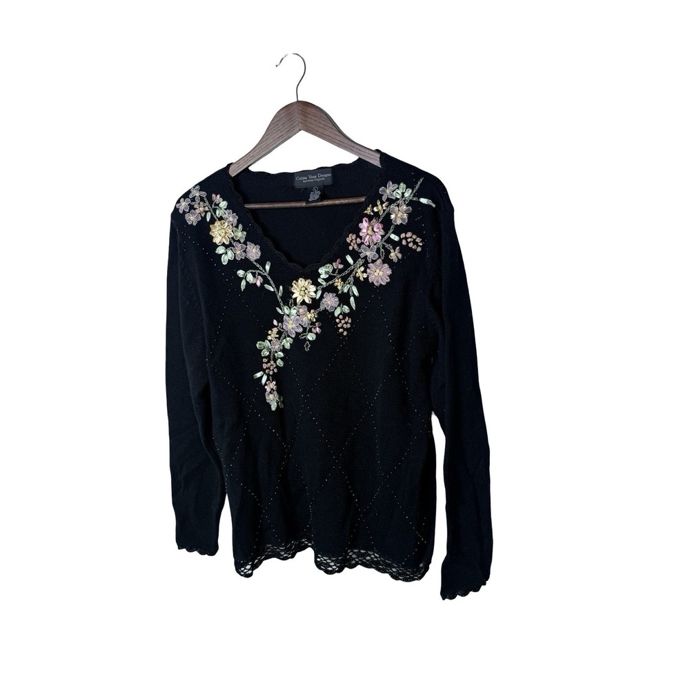 Celina Yang Designs Sweater Womens large Black Floral Embroidered Knit Pullover